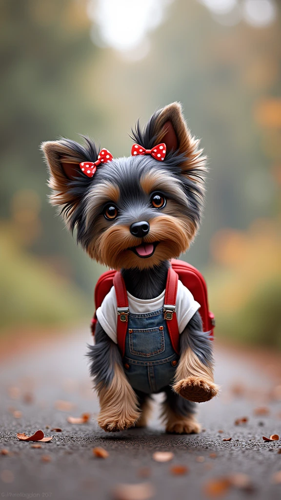 (photorealism:1.2), cute adorable Yorkshire Terrier puppy with a black-blue coat, lighter shades on face and paws. Her fur is long silky and smooth, triangolar proportionated ears, wears two small red bows with white polka dots and mid long pigtails on her head, and a jeans salopette with white T-shirt and colorful backpack, walking on runway. The puppy has sparkling eyes and a cheerful, slightly open mouth
