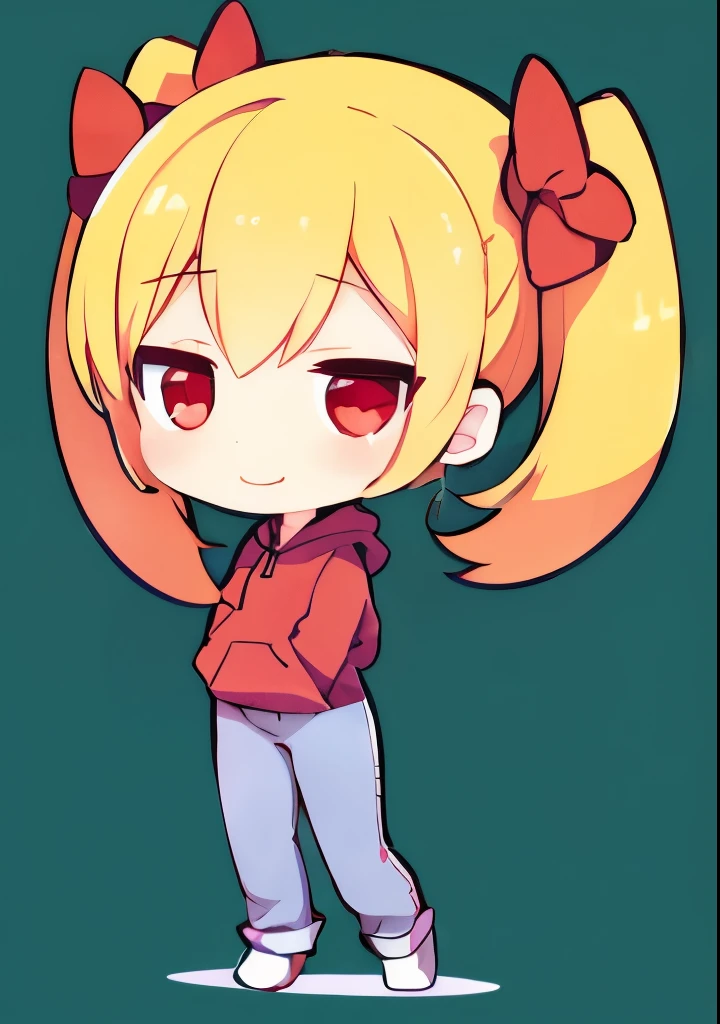 One girl, idol style cartoon character, cute face, big mouth, big smile, smiling face, strong eyes, droopy eyes, kind loving face, bright expression, blond twintail hair, hoodie, pants, focus on face, front view, red eyes, two hands, five fingers, no shadow on background, high resolution