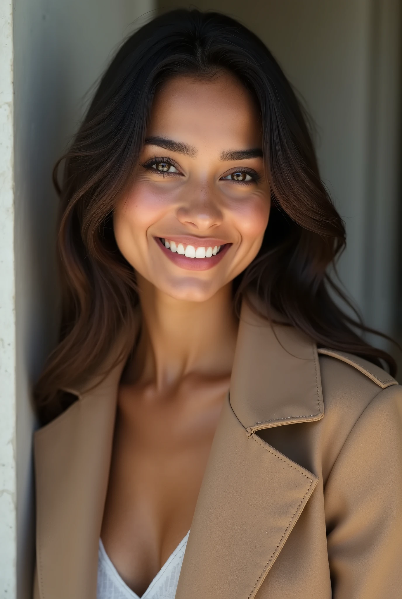 There is a young, Beautiful indian woman, who looks to the future like Katrina Kaif. Smiles into the camera, beautiful teeth. She stands there and looks into the camera, a portrait from raw photo, Modern coat,
