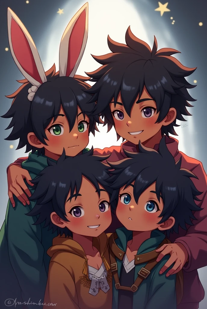 Genshin Impact, four brother, dark skin, fantasy, young, family photo, fluffy hair, different expressions, one with bunny ears