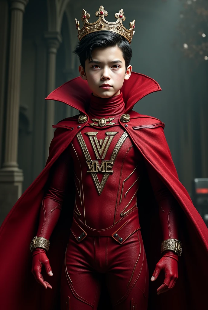 Young Dracula with crown wearing the red Daredevil hero outfit with VME written on the chest