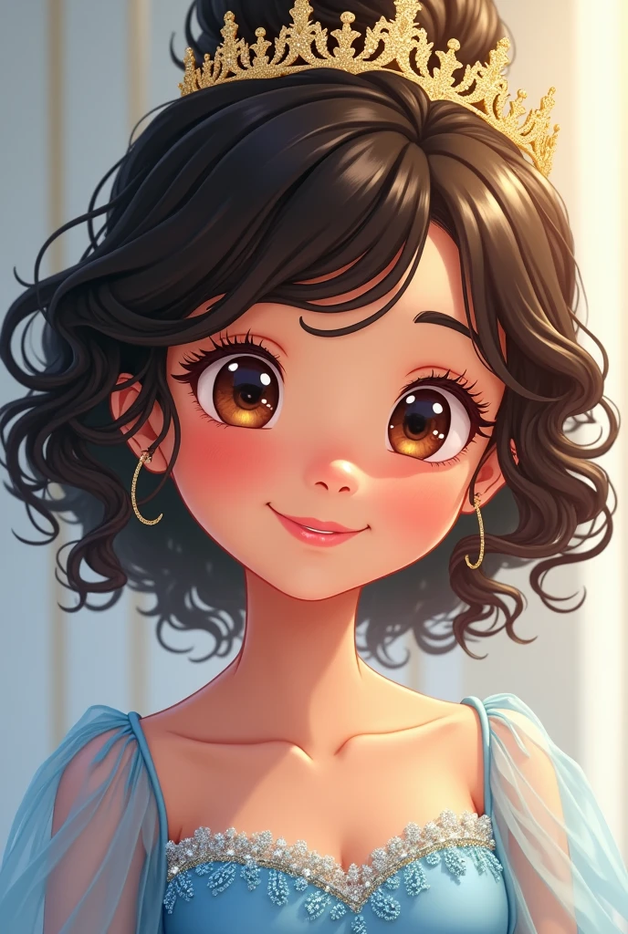 Manga or anime style, girl, mixed race, very curly dark brown hair styled, a golden tiara in the hair, Brown eyes, light blue dress with blue sequins on top.
she smiles