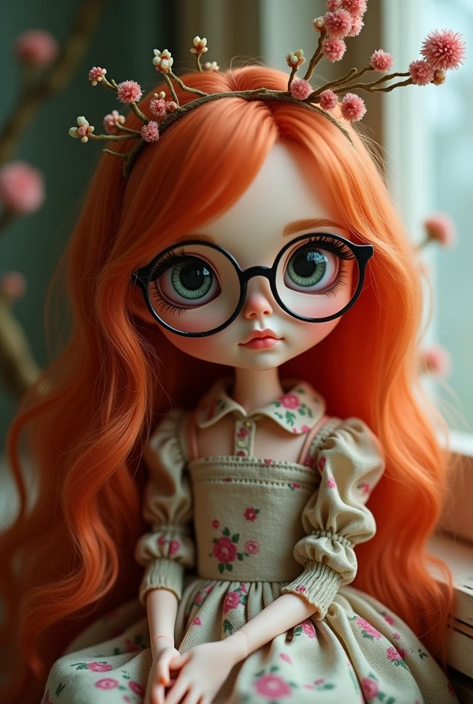 imagine a blythe doll with long cherry red hair with NO bangs, black eyes with round glasses