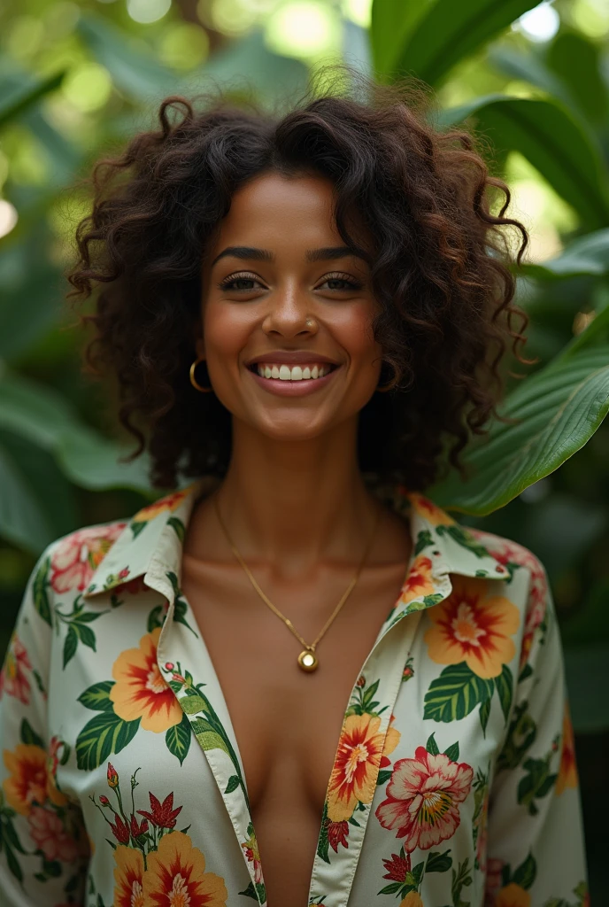 A Brazilian woman in a lush tropical garden, wearing an open shirt with a floral print, with a close-up capturing the harmonious beauty between her breasts and the natural flowers, showing off your natural charm and outgoing personality.