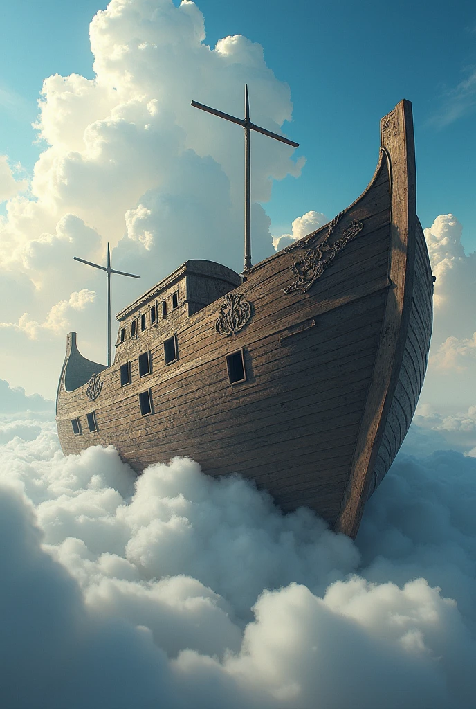 An image of a replica of Noah&#39;s Ark, with a background of clouds and blue sky.