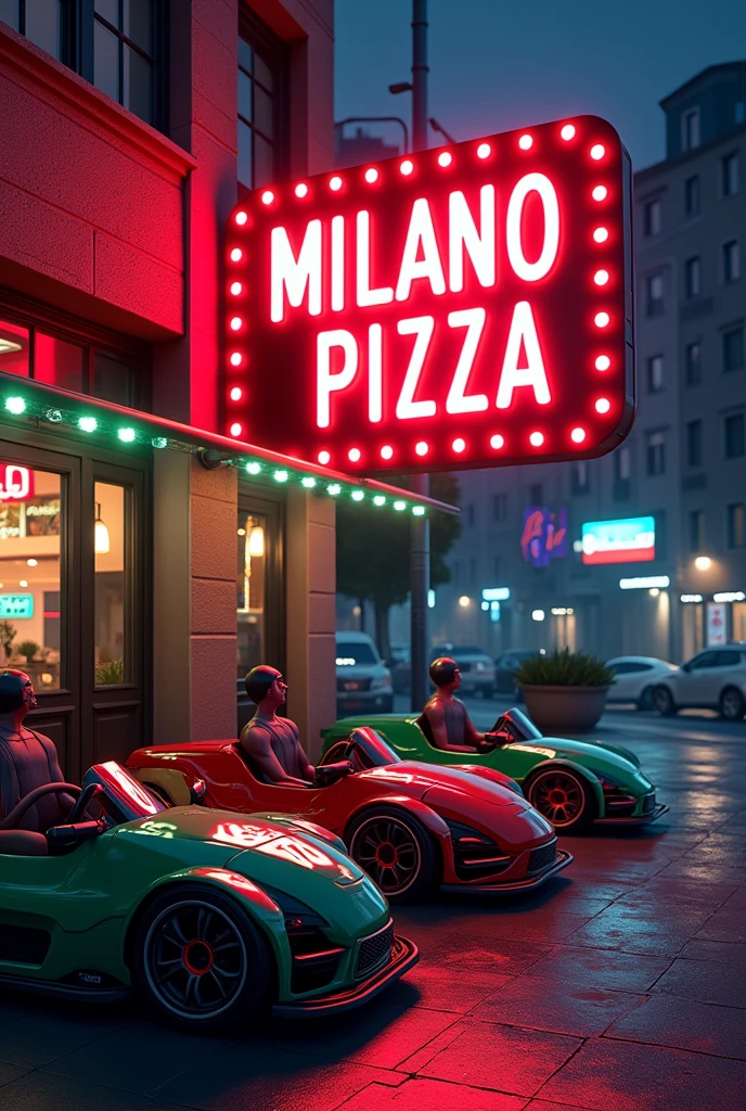 Milano Pizza sign in the colors of Italy with electric karts 