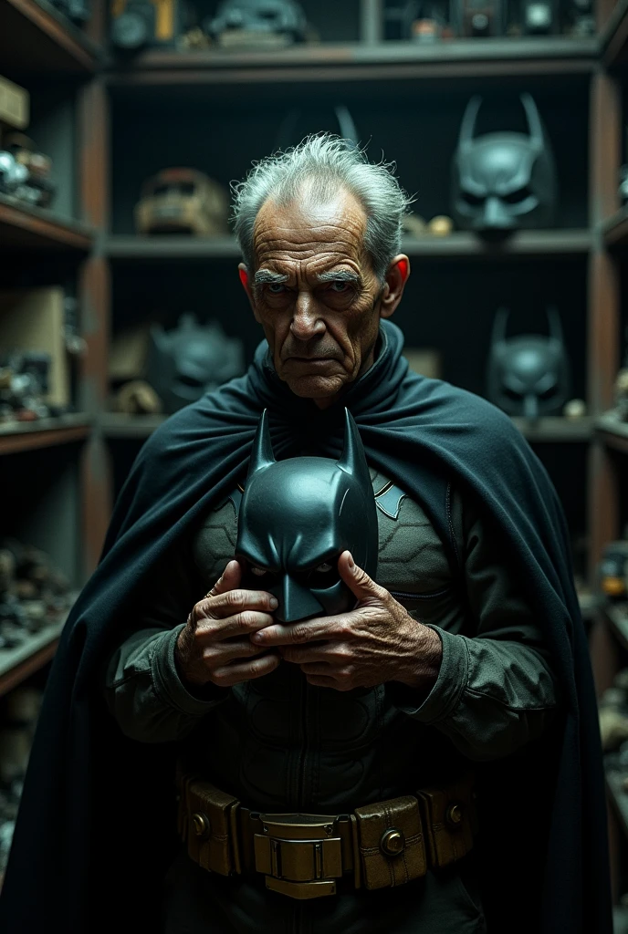 Batman removes his cowl, revealing an aged Bruce Wayne with deep wrinkles and a weary expression. He places the cowl on a shelf filled with old gadgets. Background: The Batcave, dimly lit, filled with old and unused equipment. Narration: "Once a protector of the night, now a shadow of his former self."