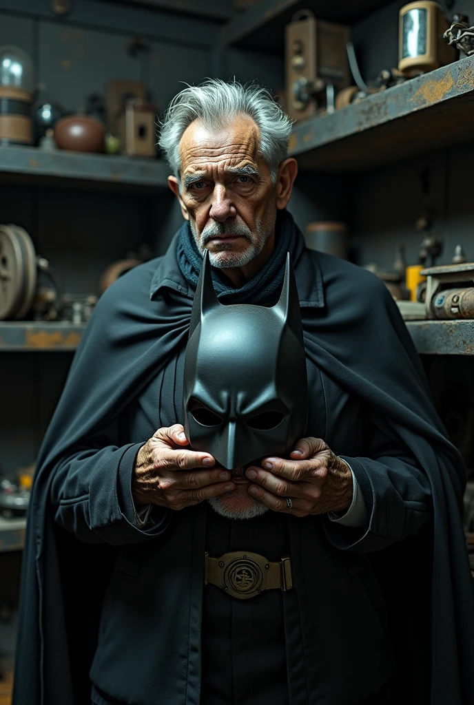 Batman removes his cowl, revealing an aged Bruce Wayne with deep wrinkles and a weary expression. He places the cowl on a shelf filled with old gadgets. Background: The Batcave, dimly lit, filled with old and unused equipment. Narration: "Once a protector of the night, now a shadow of his former self."