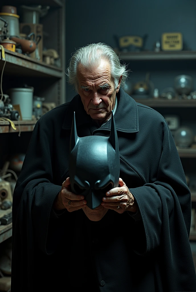 Batman removes his cowl, revealing an aged Bruce Wayne with deep wrinkles and a weary expression. He places the cowl on a shelf filled with old gadgets. Background: The Batcave, dimly lit, filled with old and unused equipment. Narration: "Once a protector of the night, now a shadow of his former self."
