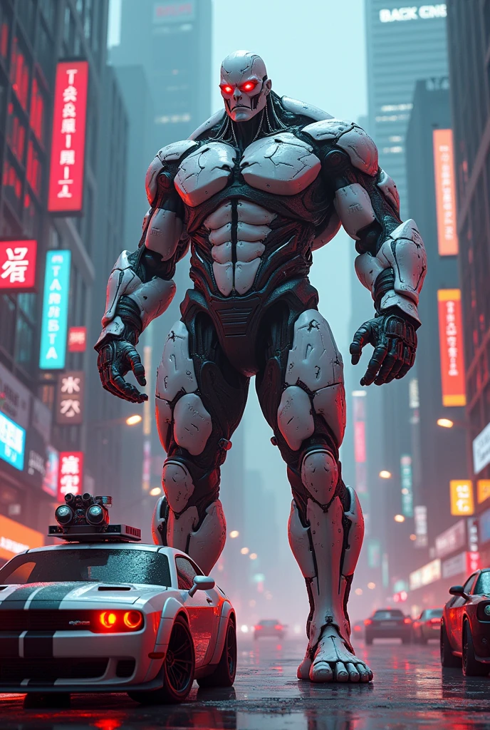 A big giga muscular men cyborg with scars on all body, red eyes, very white skins, scars everywhere, grab a car in histoire hand, a neon luminated and colored city scenery.