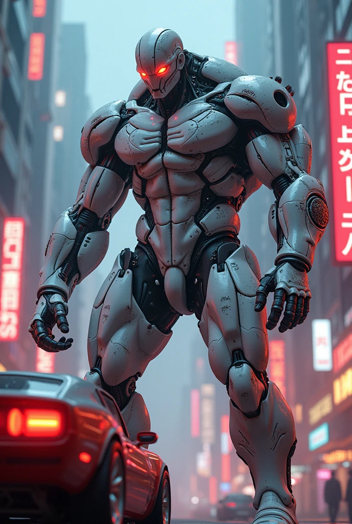 A big giga muscular men cyborg with scars on all body, red eyes, very white skins, scars everywhere, grab a car in histoire hand, a neon luminated and colored city scenery.