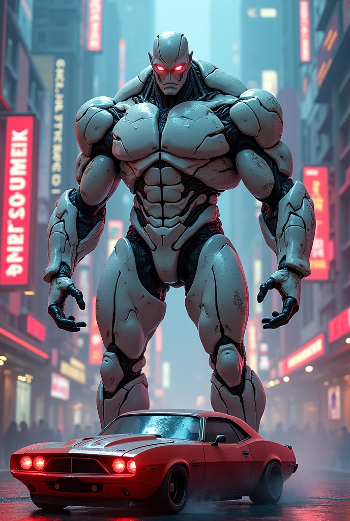 A big giga muscular men cyborg with scars on all body, red eyes, very white skins, scars everywhere, grab a car in histoire hand, a neon luminated and colored city scenery.