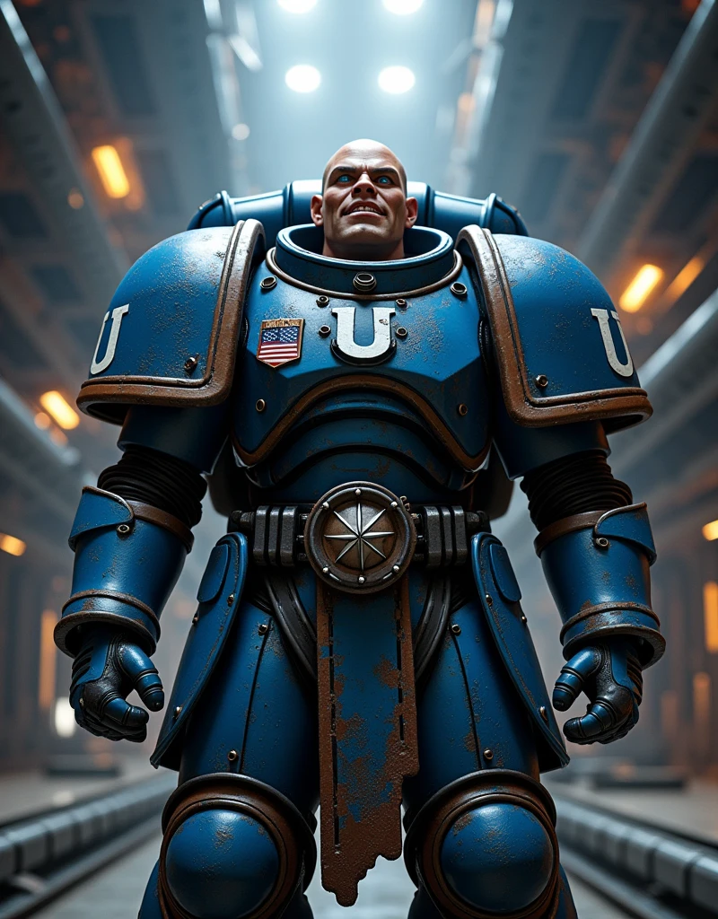 front view a spacemarine of Warhammer The Horus Heresy in blue armor of "Ultramarines" legion, on his blue shoulders of blue armor is big white symbol as white Latin letter "U", his face with strict features, light-blue iris of the eyes, grin in the facial expression of the mouth, big cabine a room of space base from Warhammer 40k background, photorealistic, photo of Nikon Z60