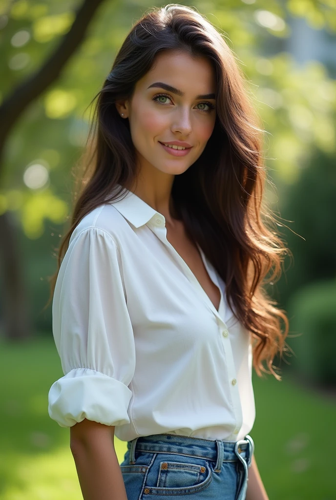 fot, Beautiful young woman, taken from a distance, that shows the whole body that everything appears, in garden, white blouse and denim mini skirt, sexly, white color, long brown hair, a softened wry smile - contained excited happiness, soft lighting on the face, realistic skin-hair textures, sky blue eyes-mist, beautiful real textures and delicate aesthetics, seeing yourself in full body, remarkable tribute to the natural feminine beauty of the body, noise, 8 k quality, FOTO RAW, by professional photographer, rule of thirds, Extremely Detailed
