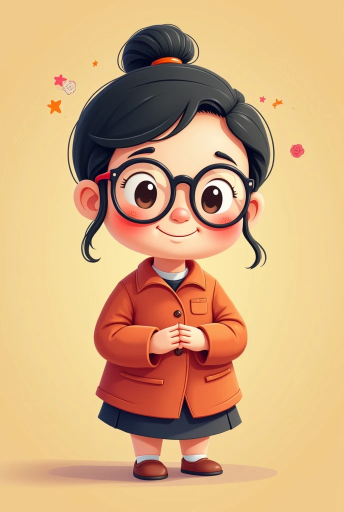 Chinese kindergarten headmistress tie up hair , wear spec , slightly fat in cartoon type .