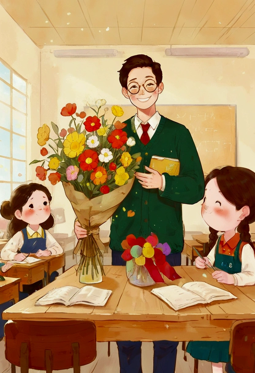 The classroom is filled with sunshine in the afternoon, A teacher wearing glasses happily holds flowers sent by students, warm tone, teacher's character design
