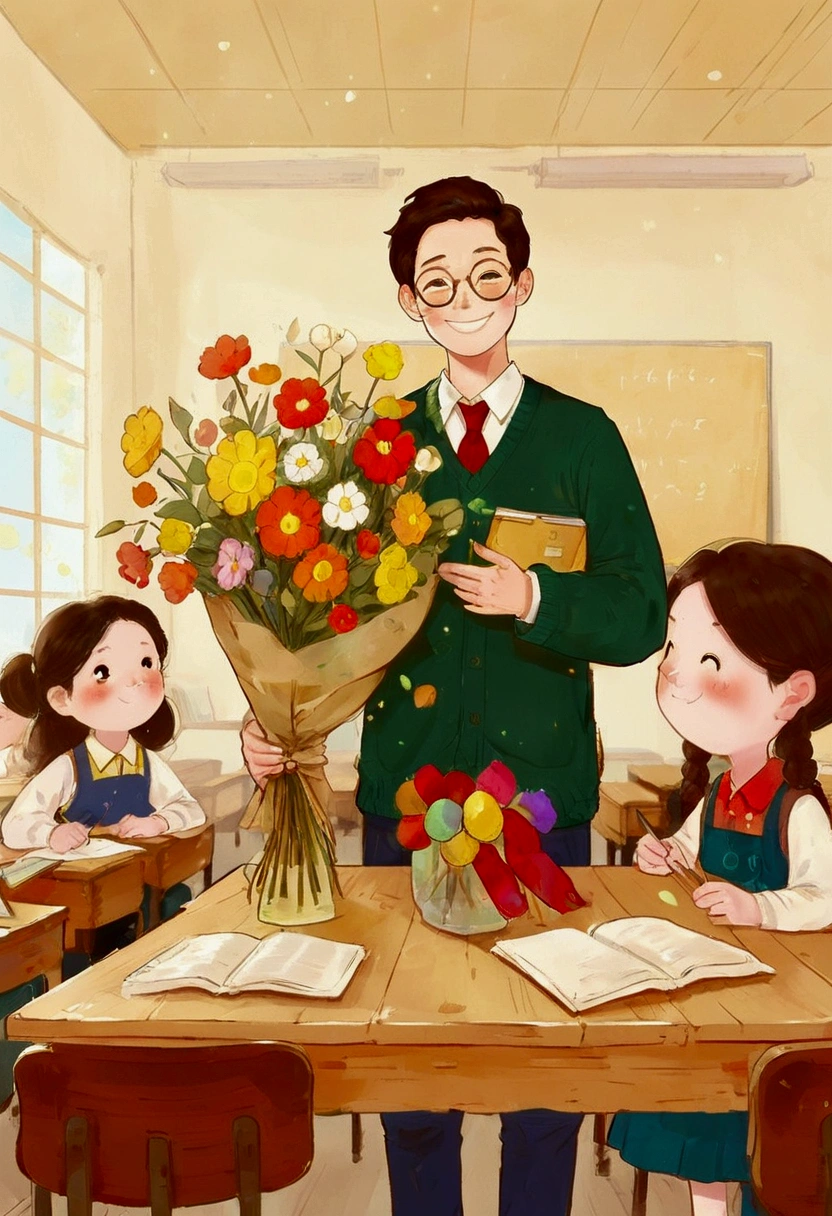 The classroom is filled with sunshine in the afternoon, A teacher wearing glasses happily holds flowers sent by students, warm tone, teacher's character design
