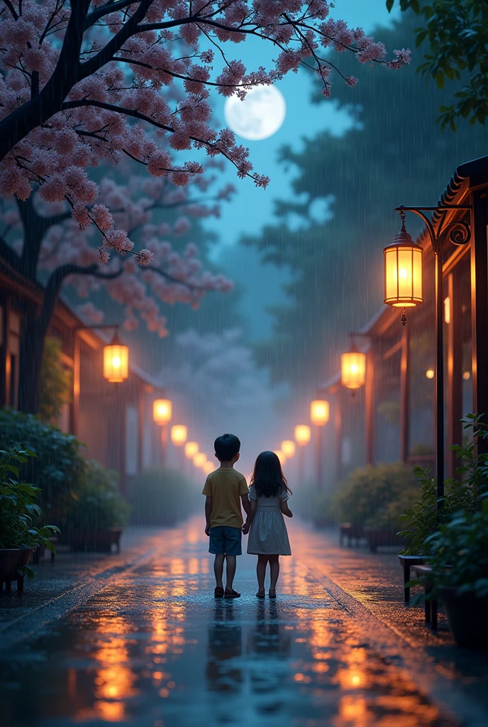 visual image or photograph,long site shot photo,moonlit night , bathing in the rain.highlight the depth of field and quality, conveying a sense of happiness and a good life despite the rainy weather, ghost face boy and cute girl sister, pumping light, Rainey sesson,lantern festival light, bathing in rain,tree flower in street line.