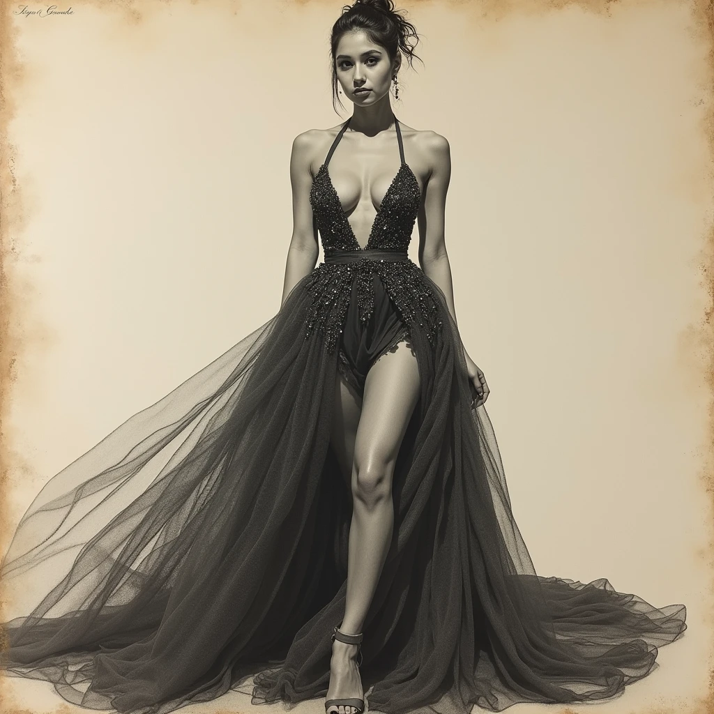 A hyper-realistic charcoal drawing on an old, textured paper background of Ariana Grande wearing an elaborate, flowing revealing gown. The gown has intricate folds and is rendered with great detail. Ariana's delicate features exude a sense of timeless elegance. The background is minimalistic, allowing the focus to remain on the woman. The high-definition image demonstrates the artist's mastery of fine details and depth. The composition is presented as a conceptual art, and poster.