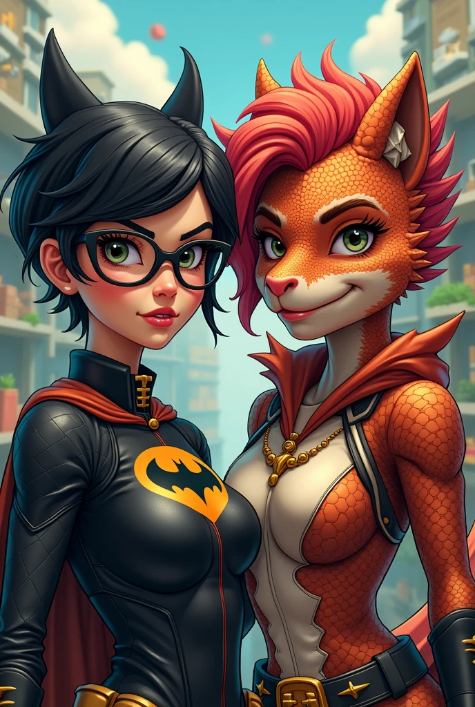 bat girl wit glasses and a wolfcut black hair together wit a girl dinosaur with red wolfcut hair like a couple