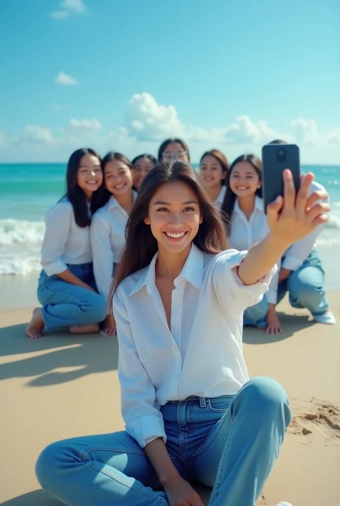professional photography there are 8 beautiful Indonesian women, who wears a white shirt , jeans, Senada is sitting and taking a selfie, with the background on the beach with the attractive lapping of the waves and bright blue clouds. fullHD, ultrahd+ , Earth's atmosphere,realistic, looks authentic, dramatic scene, must be detailed