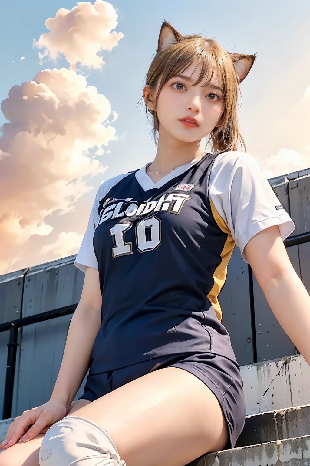 Masterpiece, 4K, bokeh, (Perfect body:1.4), (volleyball uniform:1.5), (Bright Blonde hair:1.5), (ponytail:1.2),(Blushed face:1.3), (Plump breast:1.2), (Sitting in stairway of station:1.2), (Cat ears:1.3),(From below:1.6),(Sundown :1.2), (Orange beautiful sky and clouds:1.2)