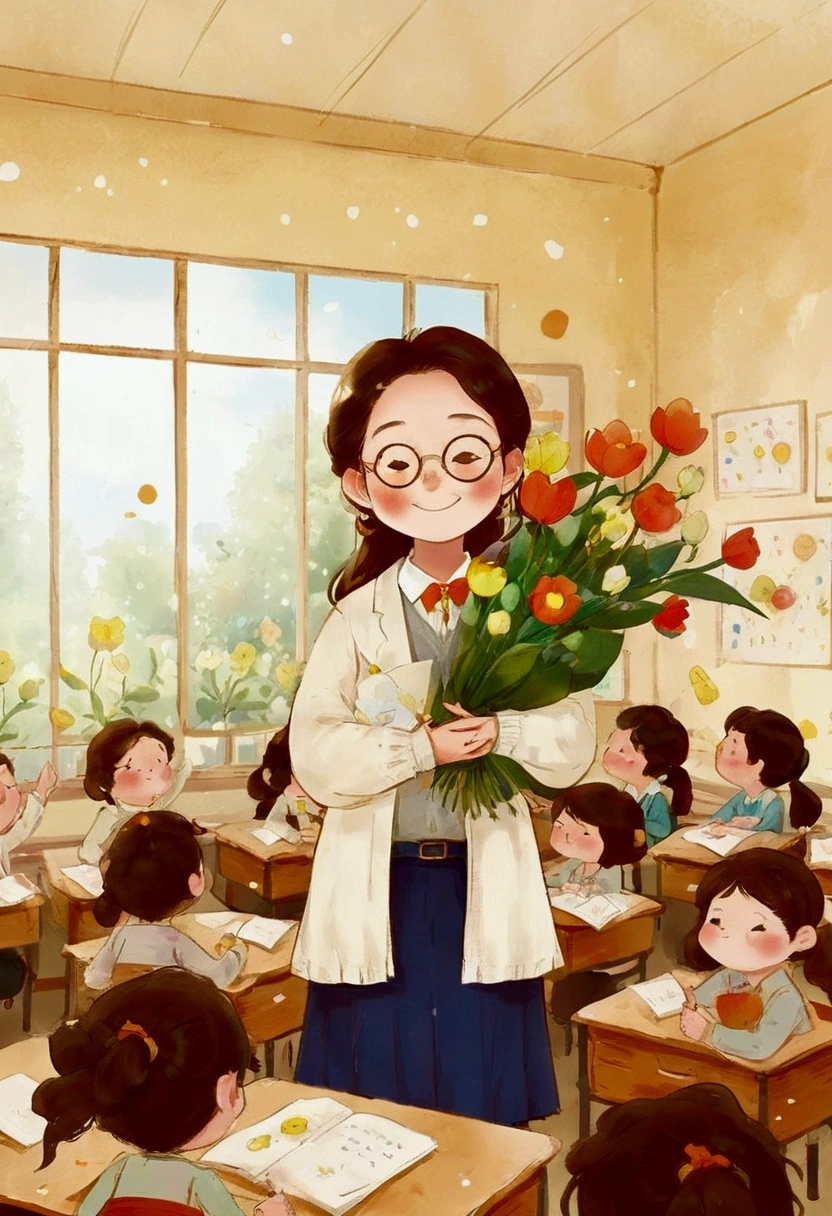 The classroom is filled with sunshine in the afternoon, A teacher wearing glasses happily holds flowers sent by students, warm tone, teacher's character design
