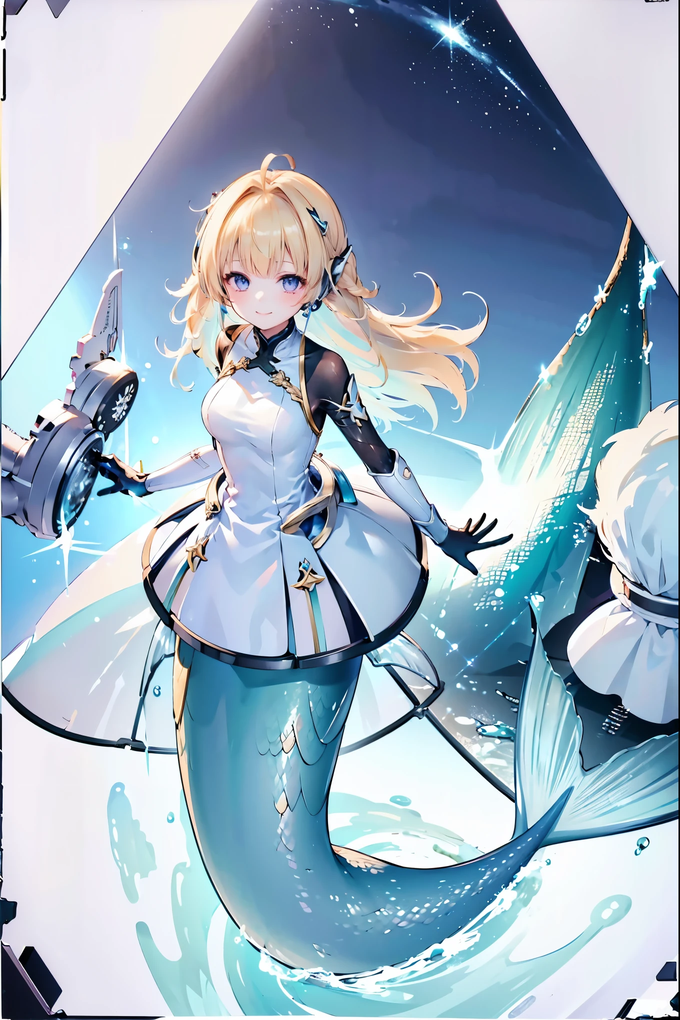 masterpiece, best quality,A girl,llmy\(shadowverse\),blonde,Blue Eyes,White Dress,Bangs,Black gloves,Mermaid,蓝色的Mermaid尾巴,full-body shot,beach,Sea view,Smile,