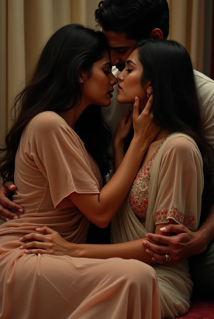 photo of Beautiful Indian Mature Aunty, Dark Skin, Wearing Tight pink Kurti with White stole tied around her neck, Showing Large U Cut Cleavage, Hair tied around her back, Sitting on Bed and Kissing a Young Man, Dim light in the room.