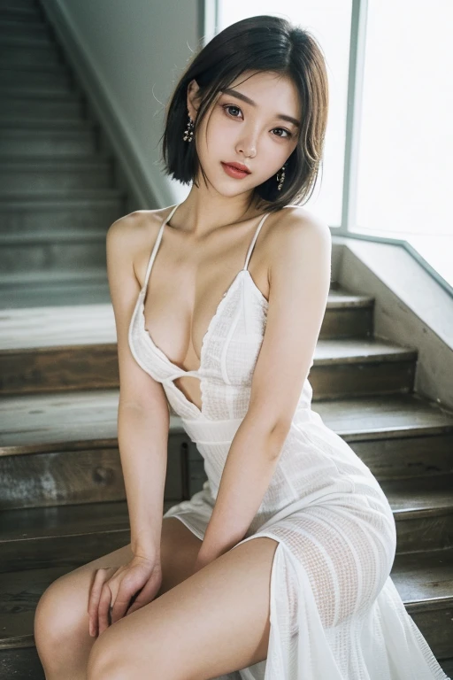 (2 Japanese girl,), (Small breasts:1.5,),(solo,Textured skin, Detailed skin,Detailed face,Detailed eyes,detailed posing,Natural eyebrows,Perfect limbs,High detail, Highest quality, Super detailed, Surrealism, ,8k,RAW Photos,Photographicism,Professional Lighting,Portrait Photography,),((Black Hair, Dark Eyes,Natural Makeup,Simple earrings,Bob Hair,happiness/joy)),(((White long dress with slit,Sitting on the stylish stairs,Dutch Angle)))