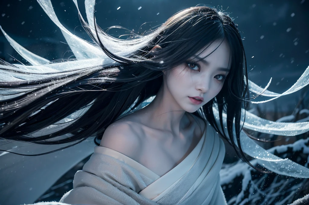 **Prompt:** Create an ultra-realistic 8K image of Yuki-onna, the snow spirit from Japanese folklore, reimagined as the ultimate monster while retaining her iconic features. Yuki-onna is depicted with terrifyingly pale, almost translucent skin that glows faintly with an unnatural, icy light. Her once beautiful, long black hair now flows wildly around her, tangled with shards of ice and frost, giving her a chaotic and menacing appearance. 

Her eyes are a chilling, piercing blue, now filled with a malevolent, predatory gaze that freezes the blood of anyone who meets them. Her mouth is slightly open, revealing sharp, elongated fangs that drip with icy venom, ready to ensnare her prey. Her fingers have transformed into long, clawed talons, covered in frost and capable of tearing through flesh with ease.

She wears a tattered, snow-covered kimono that clings to her skeletal frame, torn and frayed as if shredded by the harsh winds of countless blizzards. The kimono's once delicate patterns are now dark and twisted, resembling the scars of a relentless winter storm. Her presence is a towering, spectral figure, exuding an aura of deathly cold that seems to freeze the very air around her.

The background is a desolate, frozen wasteland, with jagged ice formations and snow-covered ruins stretching into the distance. The sky is a dark, swirling mass of storm clouds, occasionally illuminated by flashes of lightning that cast eerie shadows across the landscape. Yuki-onna stands at the center of this frozen hellscape, her expression twisted into a cold, cruel smile as she surveys her icy domain.

This image captures Yuki-onna as the ultimate winter monster, a horrifying embodiment of the relentless and deadly forces of nature, blending the beauty of her mythical origins with the terrifying power of an unstoppable, icy predator.