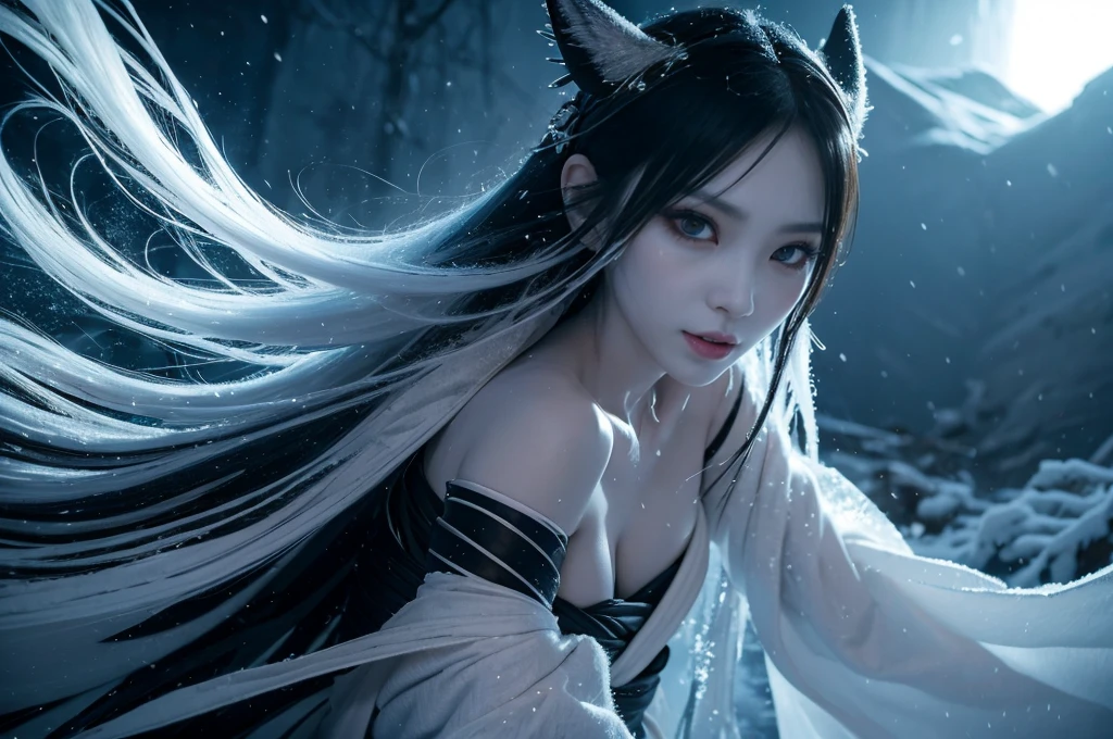 **Prompt:** Create an ultra-realistic 8K image of Yuki-onna, the snow spirit from Japanese folklore, reimagined as the ultimate monster while retaining her iconic features. Yuki-onna is depicted with terrifyingly pale, almost translucent skin that glows faintly with an unnatural, icy light. Her once beautiful, long black hair now flows wildly around her, tangled with shards of ice and frost, giving her a chaotic and menacing appearance.
Her eyes are a chilling, piercing blue, now filled with a malevolent, predatory gaze that freezes the blood of anyone who meets them. Her mouth is slightly open, revealing sharp, elongated fangs that drip with icy venom, ready to ensnare her prey. Her fingers have transformed into long, clawed talons, covered in frost and capable of tearing through flesh with ease.
She wears a tattered, snow-covered kimono that clings to her skeletal frame, torn and frayed as if shredded by the harsh winds of countless blizzards. The kimono's once delicate patterns are now dark and twisted, resembling the scars of a relentless winter storm. Her presence is a towering, spectral figure, exuding an aura of deathly cold that seems to freeze the very air around her.
The background is a desolate, frozen wasteland, with jagged ice formations and snow-covered ruins stretching into the distance. The sky is a dark, swirling mass of storm clouds, occasionally illuminated by flashes of lightning that cast eerie shadows across the landscape. Yuki-onna stands at the center of this frozen hellscape, her expression twisted into a cold, cruel smile as she surveys her icy domain.
This image captures Yuki-onna as the ultimate winter monster, a horrifying embodiment of the relentless and deadly forces of nature, blending the beauty of her mythical origins with the terrifying power of an unstoppable, icy predator.