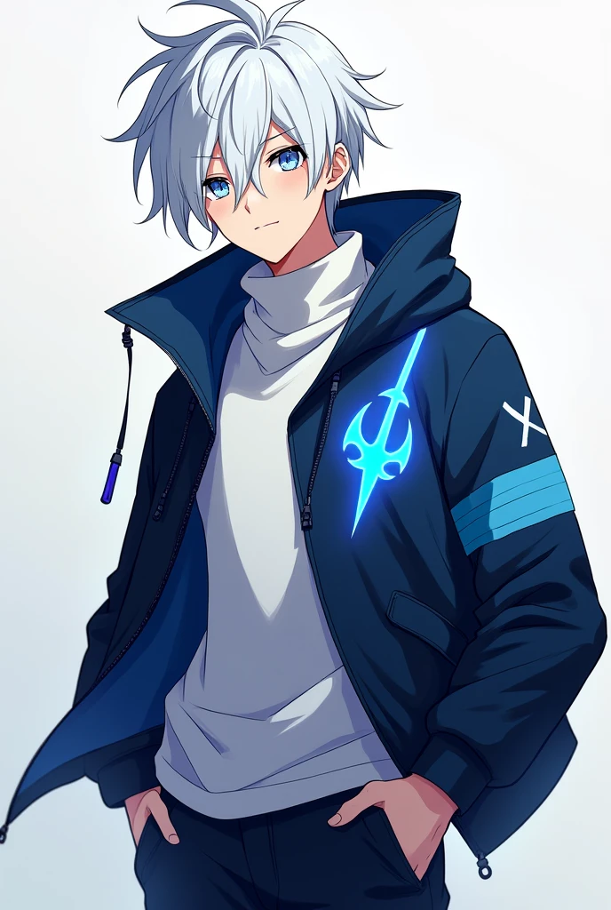An 16 y/o anime boy with white hair dark blue jacket white under turtleneck and an neon blue Sword logo on his jacket o