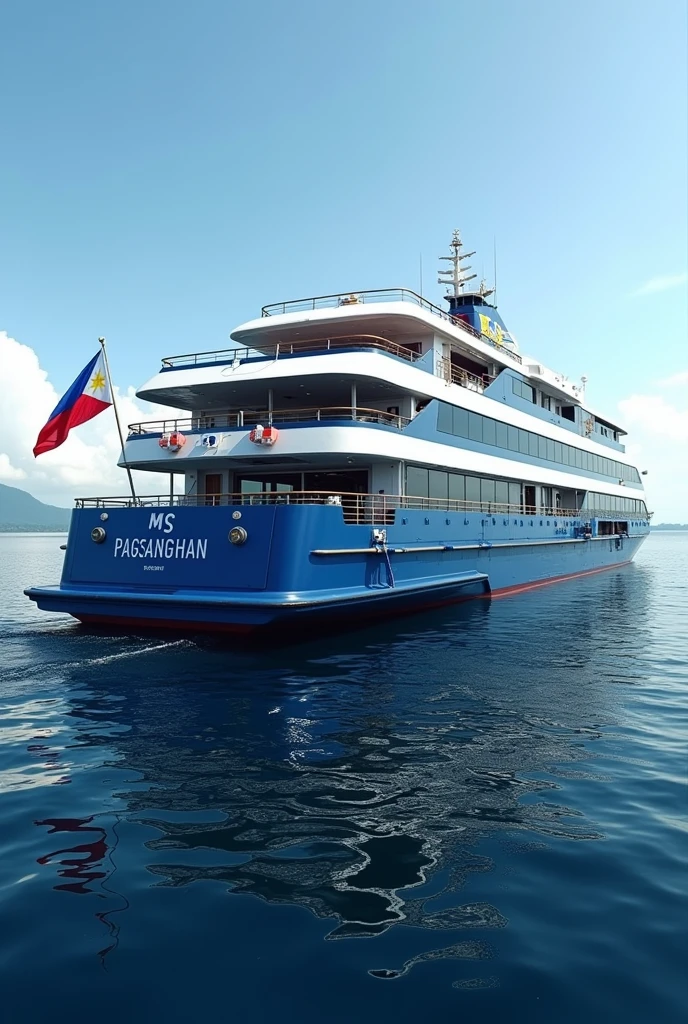 A Cruise car ferry named MS PAGSANGHAN with a blue hull and a philippine flag at the back of the ship with a car deck and door and a luxurious indoor mall and luxurious dining area with a lifeboat deck and side propellers 