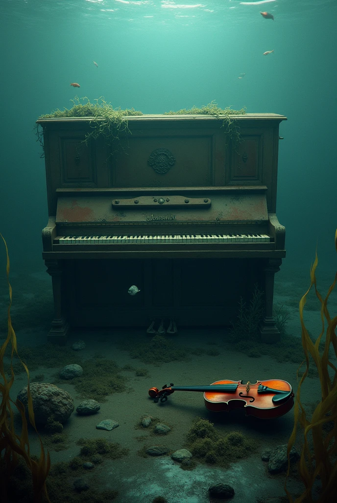 Orchestre abandonné avec piano abîmé et violon abîmé sous l’eau