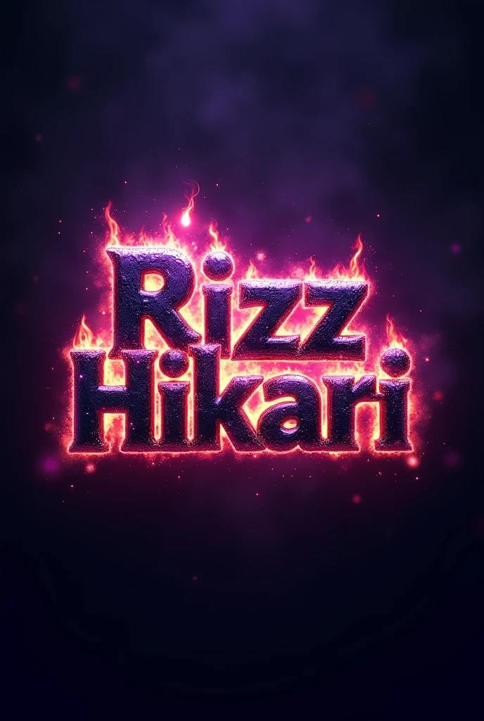 Rizz Hikari logo in rock metal style purple color palette Vibrant burning text digital art, masterpiece aesthetic