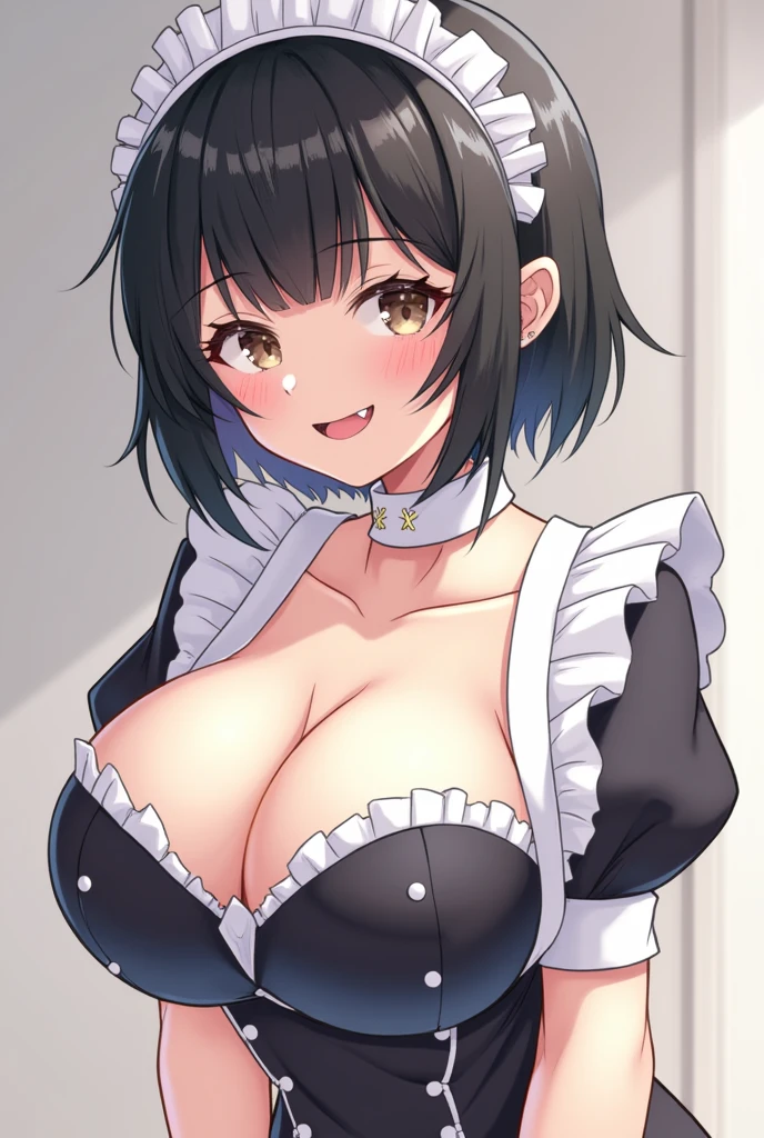 One girl, Gorgeous girl , Cute Girl , Cute Face, Cute Smile, cute cheeks , Vampire Teeth, Elf Ears, Beautiful Eyes, specification , Black Hair, bangs , (((Fluffy short hair))) , ((Maid clothes)), ((Large saggy breasts)), (((Cleavage))), Leaning forward ,Wet body, Are standing , (Slim fit), Pause , Focus on the chest , Focus on the chest, animation,