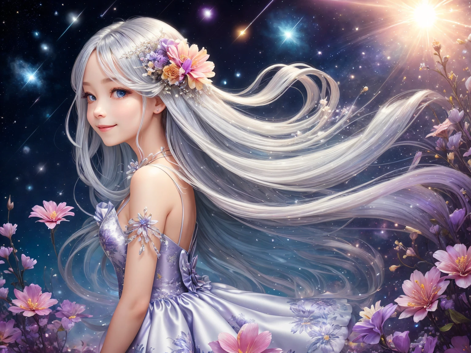 ((Silver colored hair、long hair)) ,((Wear a colorful floral satin dress)),Branch of delicate lilac flowers, Ultra-transparent, holy Light, beautiful spectral Light, Petals Shine, Blink,drops of transparent Light, reflective Light, bright, Light streaming in, Optics, Portrait Profile, Sharp focus, magic,Surreal, Fantasy, composition, Light, Art Station Trends, Pearl, Silvery steam guardian cloud, Corrosive Envelope Play Family, 8k, ((Cute smiling girl))、((background　Shooting stars, space and colorful flowers))、
