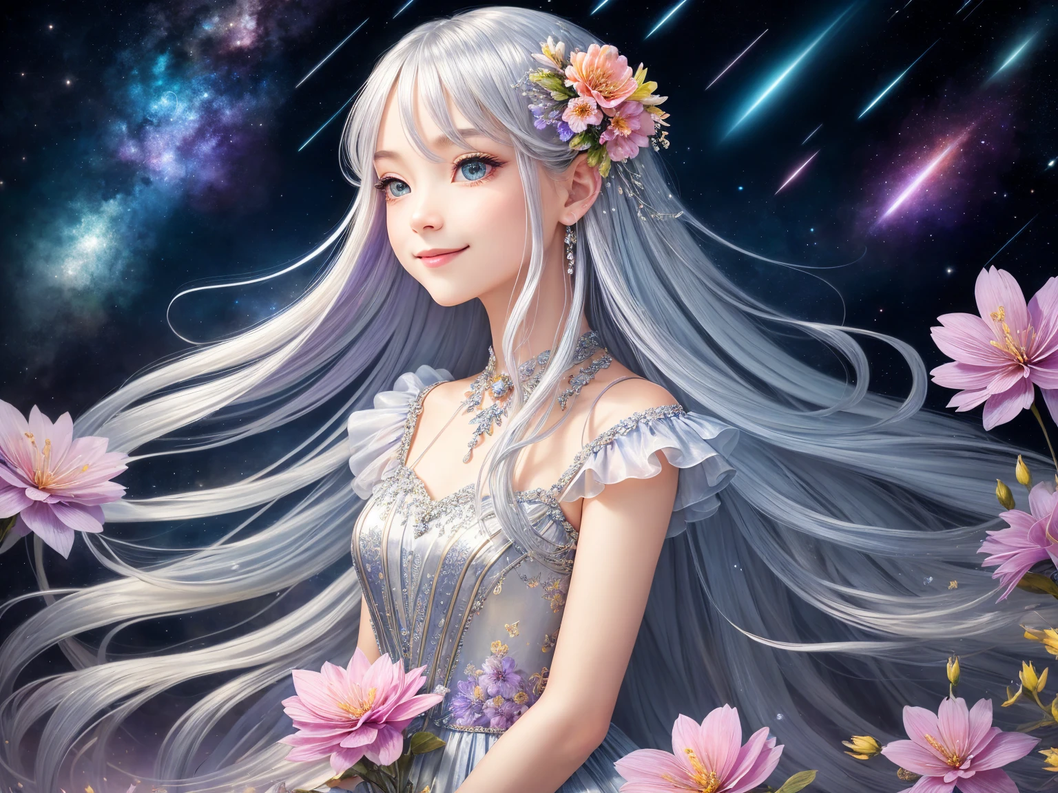 ((Silver colored hair、long hair)) ,((Wear a colorful floral satin dress)),Branch of delicate lilac flowers, Ultra-transparent, holy Light, beautiful spectral Light, Petals Shine, Blink,drops of transparent Light, reflective Light, bright, Light streaming in, Optics, Portrait Profile, Sharp focus, magic,Surreal, Fantasy, composition, Light, Art Station Trends, Pearl, Silvery steam guardian cloud, Corrosive Envelope Play Family, 8k, ((Cute smiling girl))、((background Shooting stars, space and colorful flowers))、