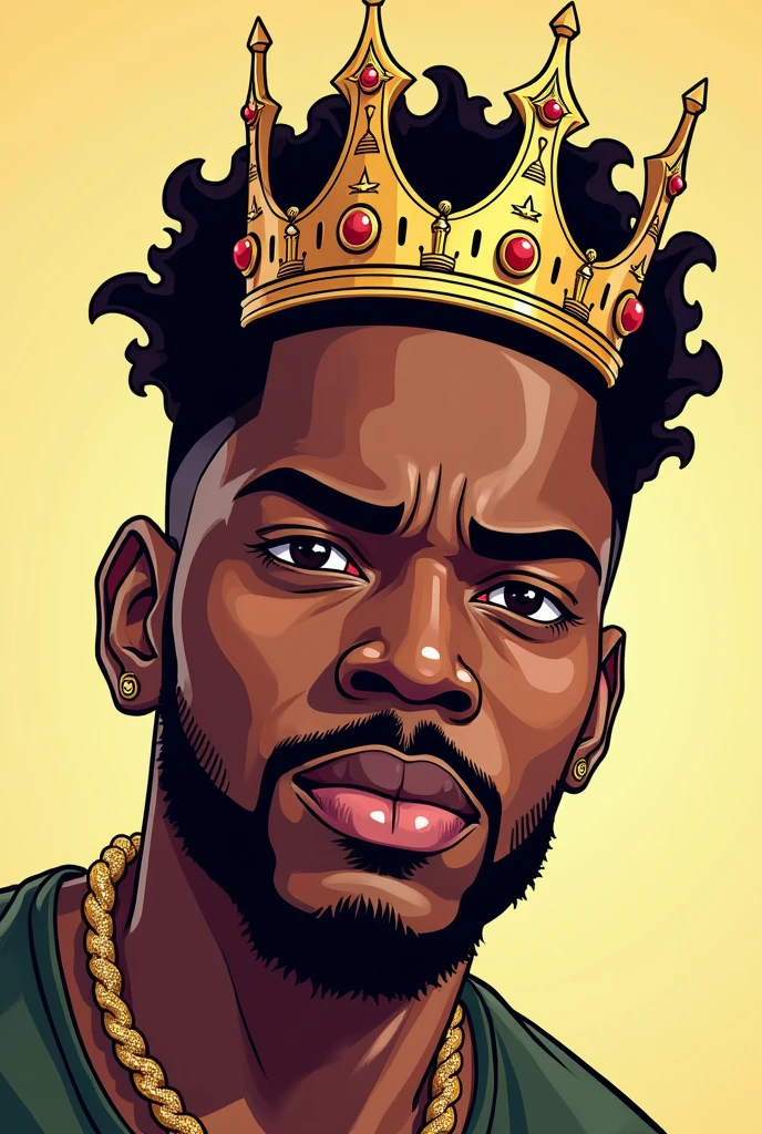 A cartoon image of shatta wale wearing a crown. Focus on the face filled with emotions