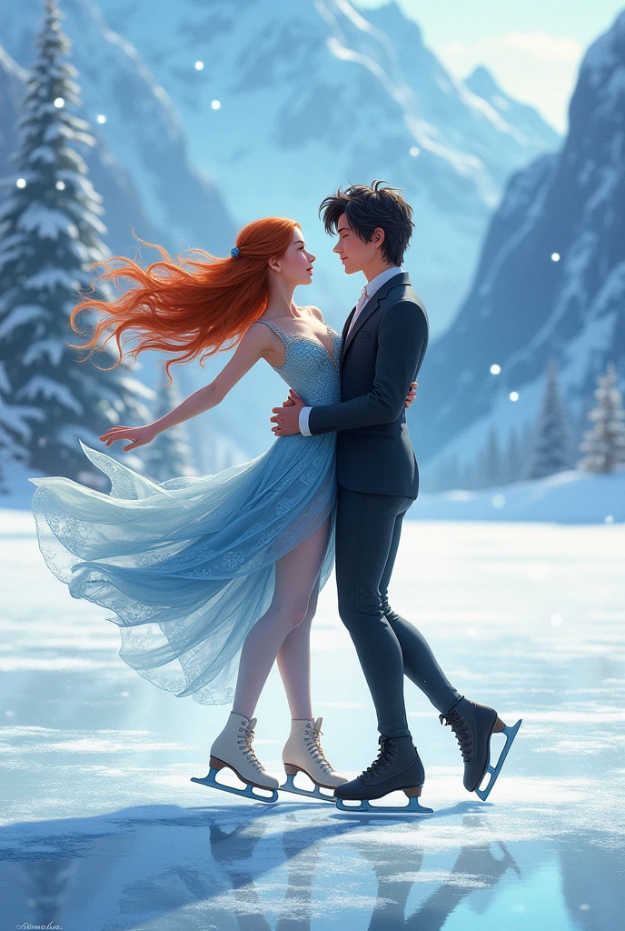 Generate an image of a pair of ice skaters, a red-haired girl with long hair and a black-haired boy