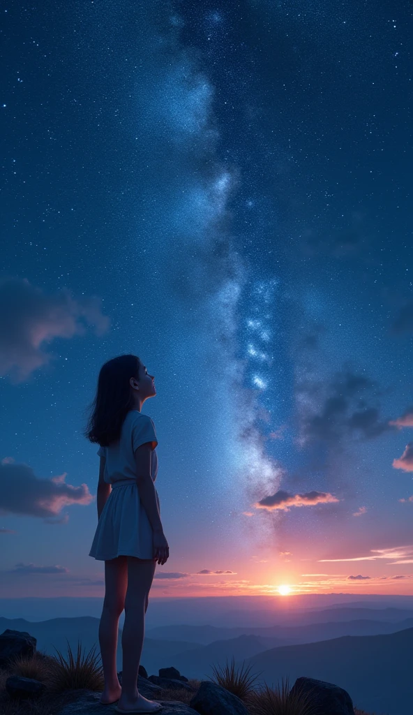 Highest quality, masterpiece, Ultra-high resolution, Realistically,stretch,Amazing starry sky,Gaze at the stars,Wide angle,A girl is standing