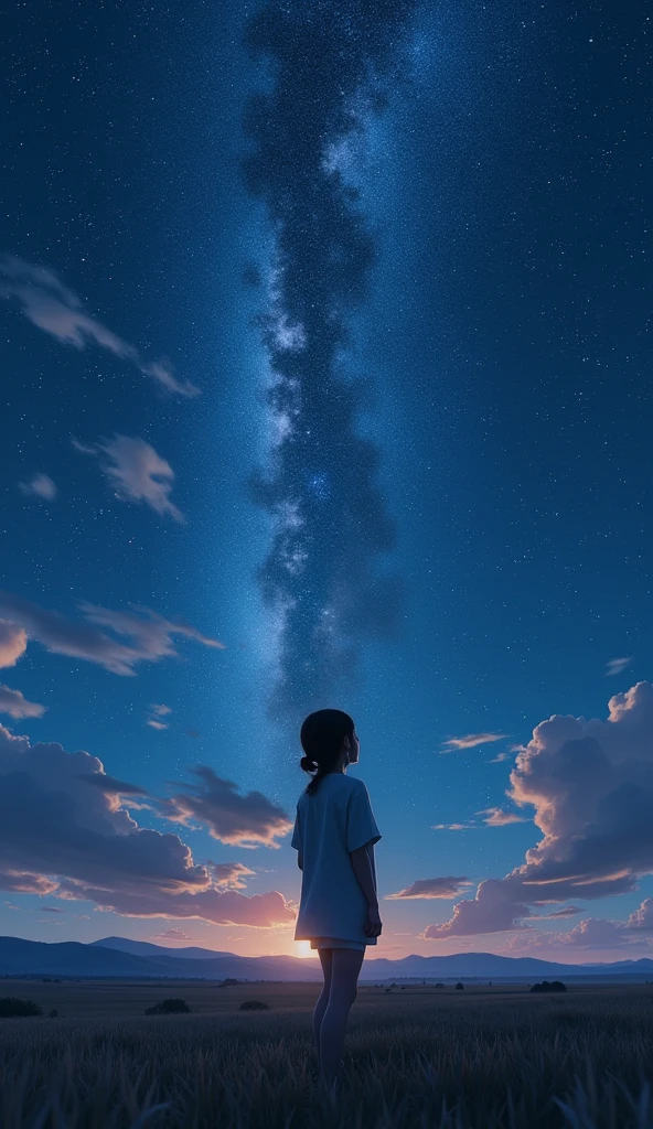 Highest quality, masterpiece, Ultra-high resolution, Realistically,stretch,Amazing starry sky,Gaze at the stars,Wide angle,A girl is standing