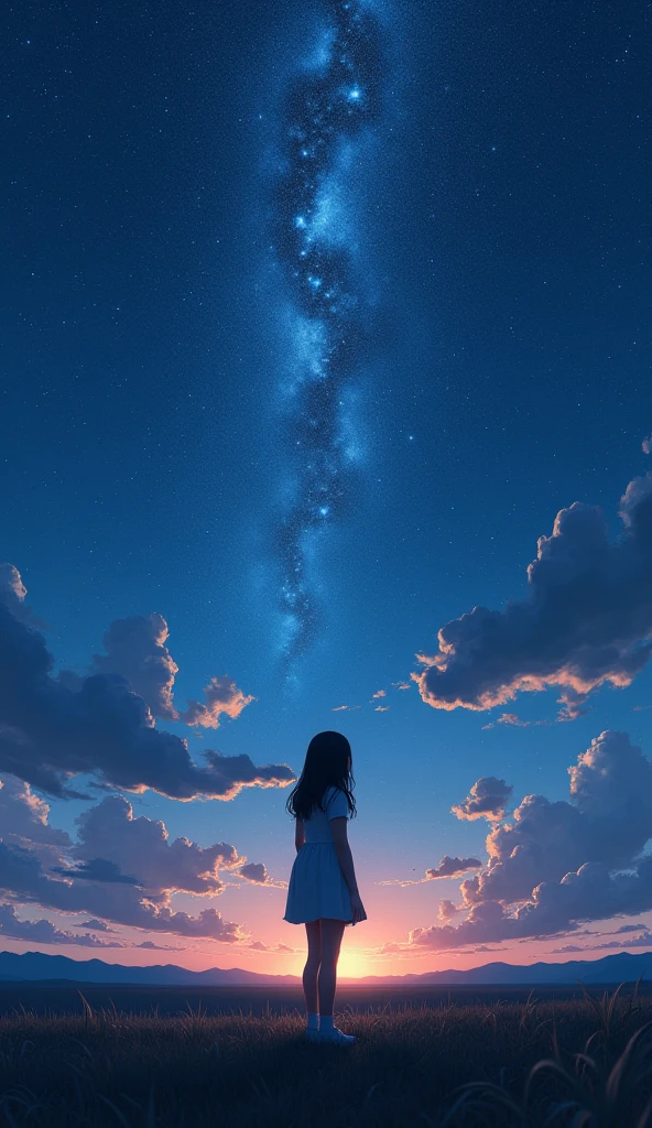 Highest quality, masterpiece, Ultra-high resolution, Realistically,stretch,Amazing starry sky,Gaze at the stars,Wide angle,A girl is standing