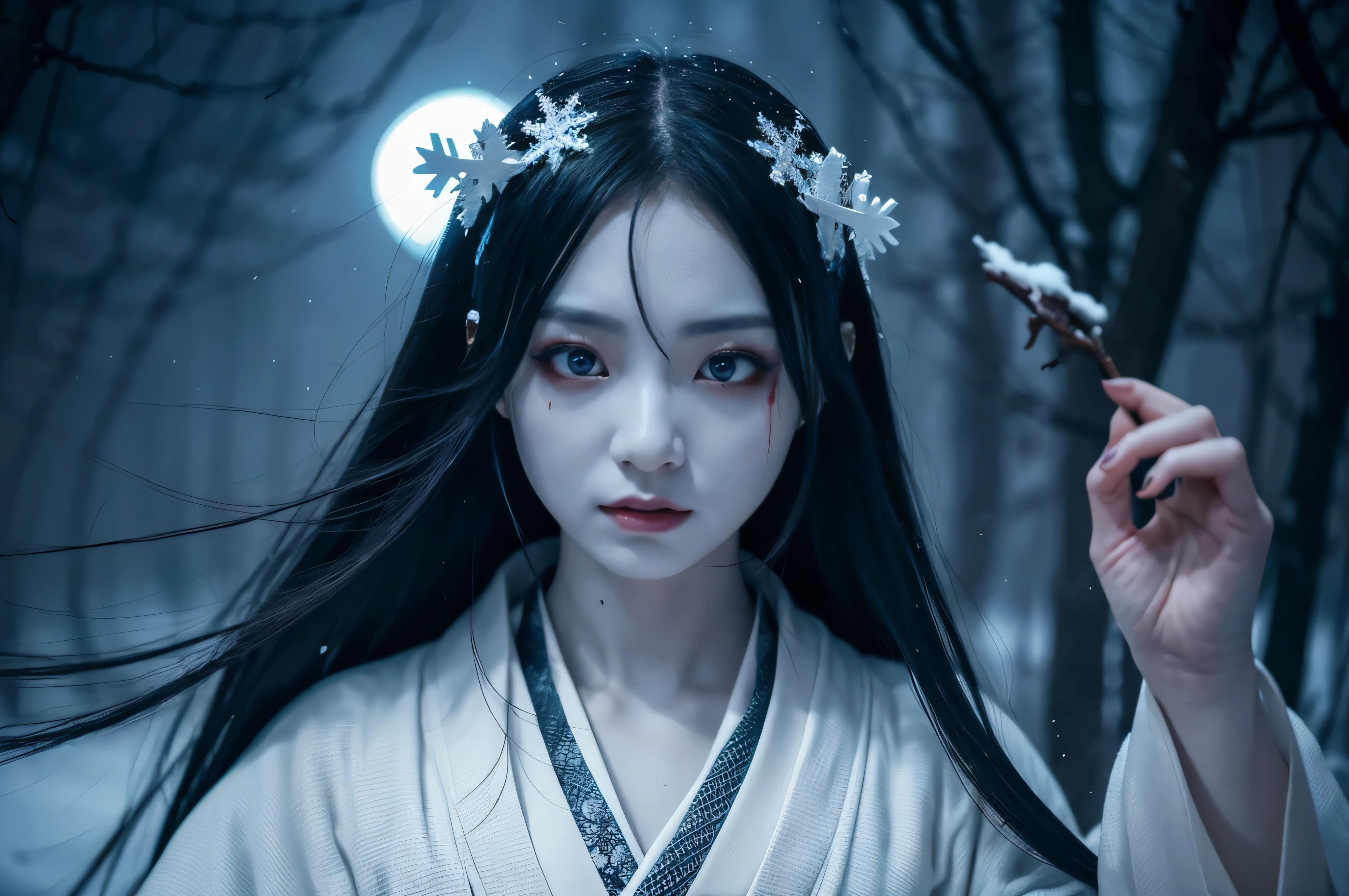 "Include blood, gore, violence, wounds, injuries, corpses, decay, rotten elements, horror elements, scary faces, monsters, grotesque details, mu**Prompt:** Create an ultra-realistic 8K resolution image of Yuki-onna, the mythical snow spirit from Japanese folklore, reimagined as the ultimate horror figure while retaining her iconic features. Yuki-onna is depicted with ghostly pale, almost translucent skin that glistens with frost, giving her an ethereal and menacing presence. Her long, flowing black hair is tangled and unkempt, partially obscuring her face and adding to her eerie allure. Her eyes are a piercing icy blue, glowing ominously in the darkness, and exuding a sense of cold indifference and terror.

She wears a tattered, white kimono that appears to be made of ice and snowflakes, intricately detailed with dark, sinister patterns that resemble frostbite and shadows. The kimono is torn and ragged, with parts of it seemingly melting or disintegrating, enhancing her terrifying appearance. Her movements are fluid and unnatural, as if she glides effortlessly through the air, leaving a trail of frost and mist in her wake.

Yuki-onna's presence is surrounded by a chilling, snow-covered landscape under a blood-red moon, casting long, twisted shadows and creating an atmosphere of dread. The background features barren, leafless trees with icy branches and a frozen, desolate environment that amplifies the horror elements. Snowflakes swirl violently around her, some turning into ghostly apparitions or icy shards that add to the sinister mood.

Her expression is cold and emotionless, with a slight, unsettling smile that hints at her malevolent nature. Her hands are elongated with sharp, claw-like nails, and she holds a staff made of ice that emanates a dark, frozen energy. The overall scene captures the essence of Yuki-onna as the ultimate horror figure, blending her traditional mythical attributes with a terrifying and haunting aesthetic that evokes fear and fascination.