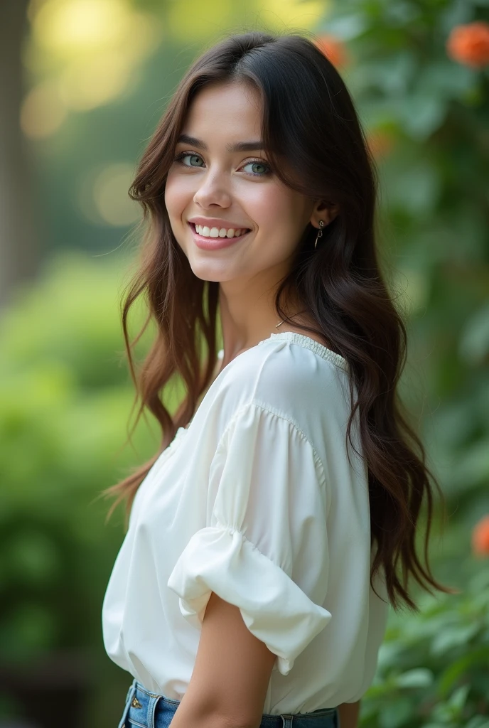 fot, Beautiful young woman, taken from a distance, that shows the whole body that everything appears, in garden, white blouse and denim mini skirt, sexly, white color, long brown hair, a softened wry smile - contained excited happiness, soft lighting on the face, realistic skin-hair textures, sky blue eyes-mist, beautiful real textures and delicate aesthetics, seeing yourself in full body, remarkable tribute to the natural feminine beauty of the body, noise, 8 k quality, FOTO RAW, by professional photographer, rule of thirds, Extremely Detailed