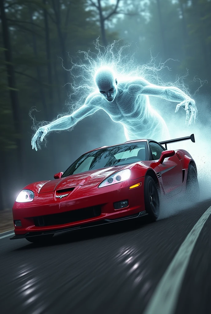 A red car is coming on road a ghost is attack on car 
