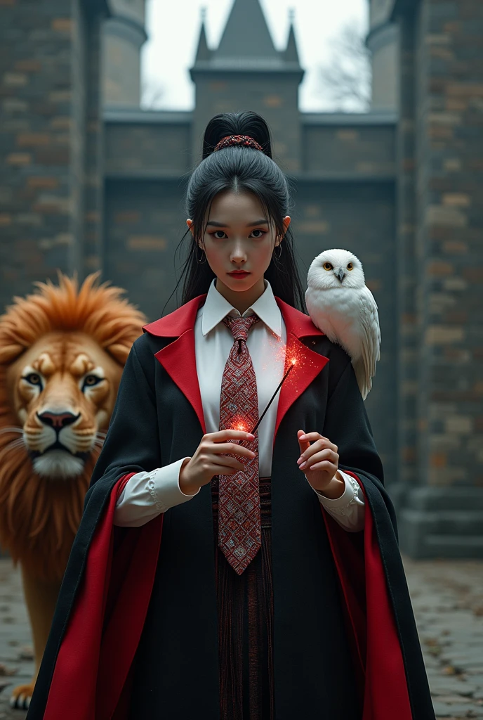 photorealistic photo, asian woman, white skin, Facing straight, Fluffy black hair, Slender fingers, There are five fingers on each hand., Black witch cloak, Red inner hood, black witch hat, White collared inner shirt, Red and white patterned tie, In the hand holding a small magic wand, There were several red sparks and red smoke coming out of the wood., A white owl stands on the right shoulder., A large golden lion with a fiery red mane appeared from the left rear., The background is an old black castle.