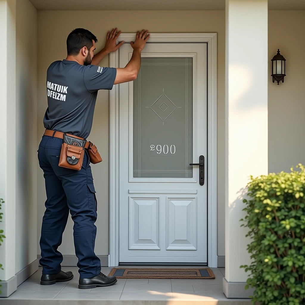 Create a professional and realistic image for an online store that offers door installation and maintenance services, focusing on the installation of an entry door priced under 900 rubles. The image should depict a skilled worker installing a budget-friendly yet durable entry door at a residential entrance. The door should look simple but functional, with the worker dressed in branded, professional attire and using appropriate tools for the installation. Include a price tag or label indicating "<900 rubles" in a discreet but noticeable way, reinforcing the affordability of the service. The setting should be a typical home entrance, clean and well-maintained, with subtle branding elements such as logos on the worker's uniform or tools. The overall scene should convey professionalism, quality service, and cost-effective solutions for customers
