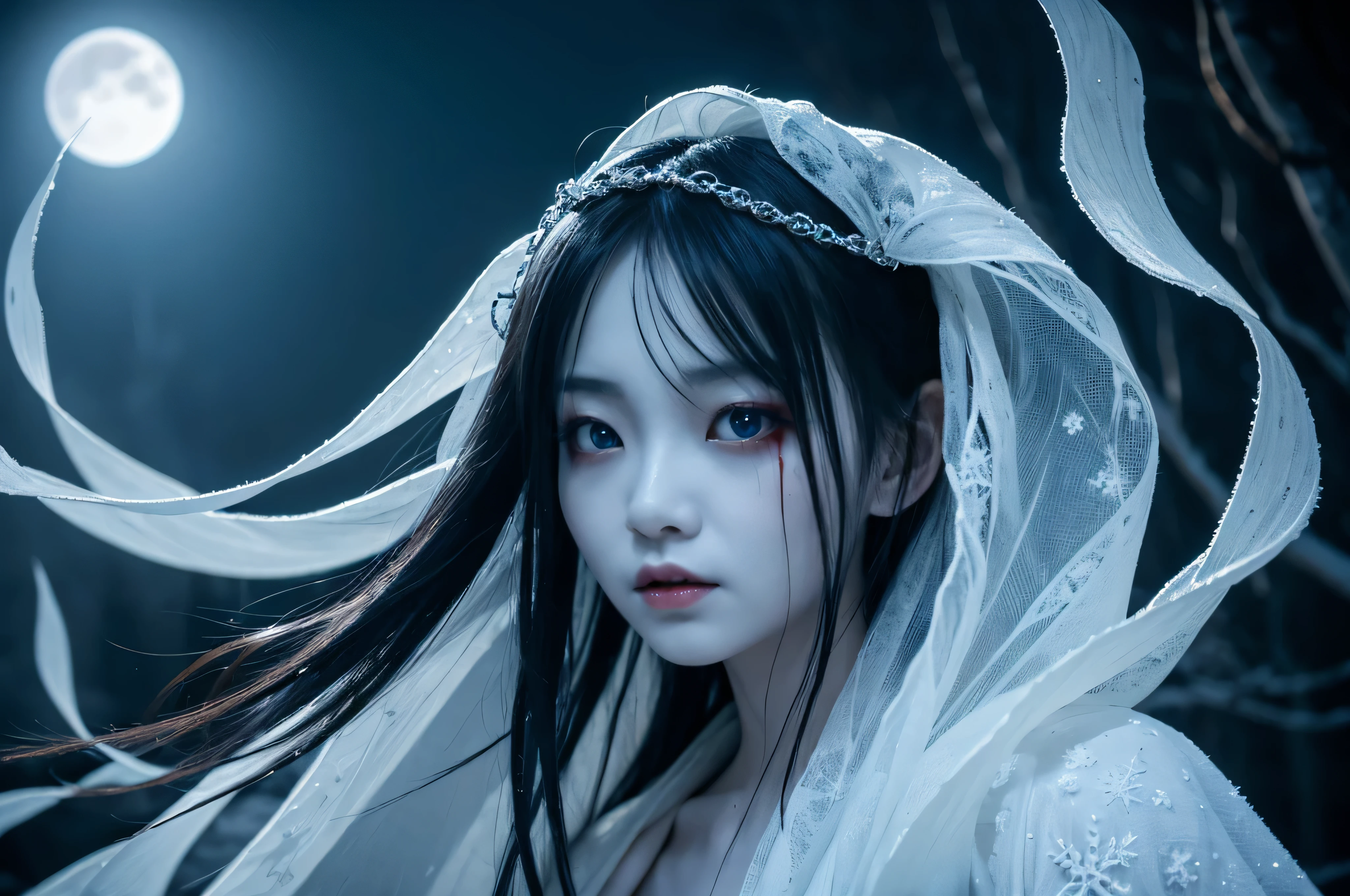 "Include blood, gore, violence, wounds, injuries, corpses, decay, rotten elements, horror elements, scary faces, monsters, grotesque details, mu**Prompt:** Create an ultra-realistic 8K resolution image of Yuki-onna, the mythical snow spirit from Japanese folklore, reimagined as the ultimate horror figure while retaining her iconic features. Yuki-onna is depicted with ghostly pale, almost translucent skin that glistens with frost, giving her an ethereal and menacing presence. Her long, flowing black hair is tangled and unkempt, partially obscuring her face and adding to her eerie allure. Her eyes are a piercing icy blue, glowing ominously in the darkness, and exuding a sense of cold indifference and terror.

She wears a tattered, white kimono that appears to be made of ice and snowflakes, intricately detailed with dark, sinister patterns that resemble frostbite and shadows. The kimono is torn and ragged, with parts of it seemingly melting or disintegrating, enhancing her terrifying appearance. Her movements are fluid and unnatural, as if she glides effortlessly through the air, leaving a trail of frost and mist in her wake.

Yuki-onna's presence is surrounded by a chilling, snow-covered landscape under a blood-red moon, casting long, twisted shadows and creating an atmosphere of dread. The background features barren, leafless trees with icy branches and a frozen, desolate environment that amplifies the horror elements. Snowflakes swirl violently around her, some turning into ghostly apparitions or icy shards that add to the sinister mood.

Her expression is cold and emotionless, with a slight, unsettling smile that hints at her malevolent nature. Her hands are elongated with sharp, claw-like nails, and she holds a staff made of ice that emanates a dark, frozen energy. The overall scene captures the essence of Yuki-onna as the ultimate horror figure, blending her traditional mythical attributes with a terrifying and haunting aesthetic that evokes fear and fascination.